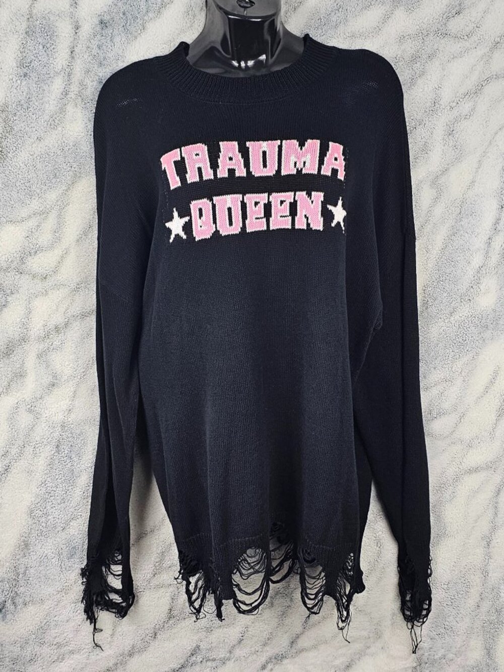 Trauma Queen XXL Black Pink Distressed Shredded 100% Cotton Sweater Dolls Kill